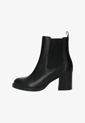 Black leather ankle boot with a block heel, elastic side panels, and a pull tab. Smooth texture and rounded toe design.