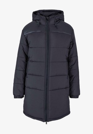 Podšitá čierna bunda so zipsom vpredu, kapucňou a elastickými manžetami. Obsahuje horizontálny prešívaný vzor a bočné vrecká. Hladká textura.