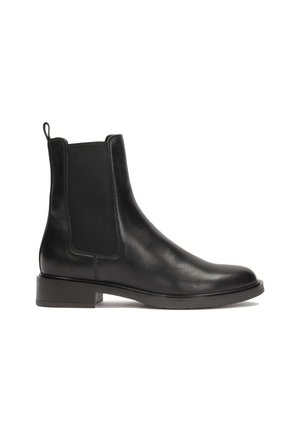 Schwarzer Chelsea-Stiefel aus Leder mit elastischen Seitenteilen, niedrigem Blockabsatz und Zuglasche an der Rückseite.