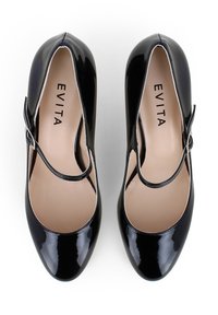 Scarpine Mary Jane in pelle verniciata nera con punta arrotondata, cinturino definito e una superficie liscia. Logo "EVITA" visibile sulla soletta.