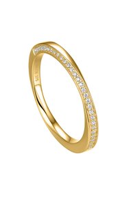 Gold ring with a smooth, polished band. Features a row of small, round diamonds set along one side, creating a delicate accent.