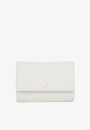Weißes Lederportemonnaie mit strukturierter Oberfläche, ausgestattet mit einem goldenen Stier-Logo, einem Klappverschluss und klaren Nahtdetails. Kompakte rechteckige Form.