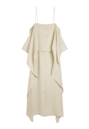Jasnobeżowa sukienka z cienkimi pionowymi paskami, z szerokimi rękawami i luźnym krojem. Ramiączka na ramiona zapewniające podparcie, długość do kolan.