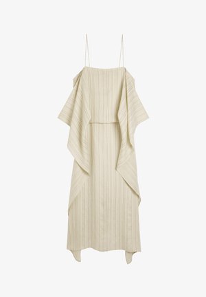 Jasnobeżowa sukienka z cienkimi pionowymi paskami, z szerokimi rękawami i luźnym krojem. Ramiączka na ramiona zapewniające podparcie, długość do kolan.