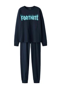Ensemble de haut à manches longues et de pantalons bleu marine avec le texte "FORTNITE" en flammes bleues sur la poitrine, poignets élastiques sur les pantalons et les manches.