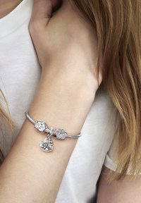 Bracciale in argento con ciondoli a forma di cuore, zampa e casa. Presenta design dettagliati e pietre trasparenti, montate su una catena metallica flessibile.