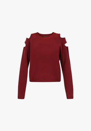 Bordeaux gebreide trui met lange mouwen en uitsparingen voor de schouders, verfraaid met kleine kraaldetails.