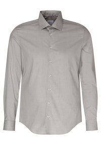 Grå långärmad skjorta i vävt material med spetsig krage, försedd med knäppning och manschetter, slät yta och rundad nederkant.