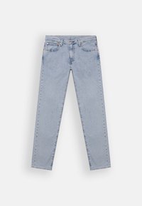 Ljusblå denimjeans med raka ben, framfickor, bälteslyft samt knapp- och dragkedjestängning, utlagda platt på en vit bakgrund.