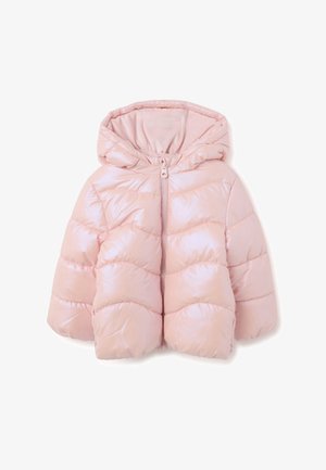 Chaqueta acolchada con capucha y cremallera frontal de color rosa claro brillante, diseñada para el clima frío.