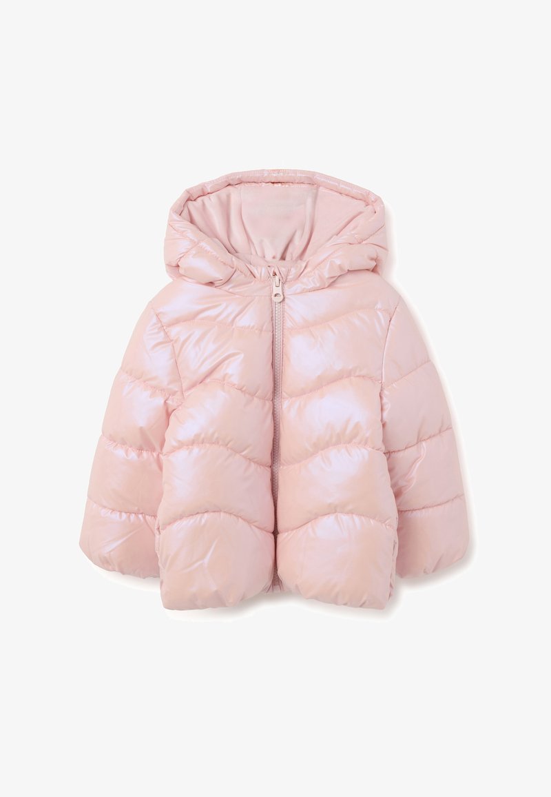 Giacca a vento imbottita lucida di un rosa chiaro con cappuccio e chiusura frontale a zip, progettata per il freddo.