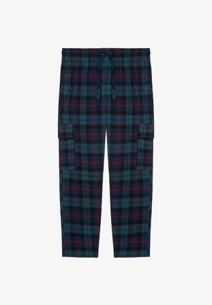 Checkered cargo pants in dark green and navy, featuring a drawstring waistband and side pockets. Soft material with a relaxed fit.