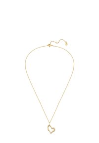 Zlato-toniran ogrlica s tankim lancem in obeskom v obliki srca. Obesek ima preprost, odprtokodni dizajn. Prilagaja se dolžini.