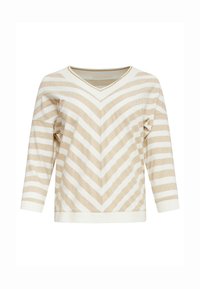 V-Ausschnitt Pullover mit 3/4-Ärmeln in Weiß und beigen Chevronstreifen, aus einem strukturierten Stoff und mit gerippten Akzenten am Kragen und Saum.