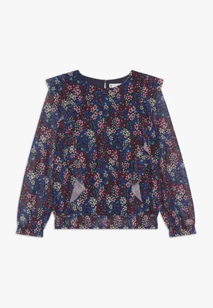 Granatowa bluzka z długim rękawem z małym czerwono-biało-niebieskim kwiatowym wzorem, z falbankami na ramionach oraz elastycznym paskiem w talii i mankietach.