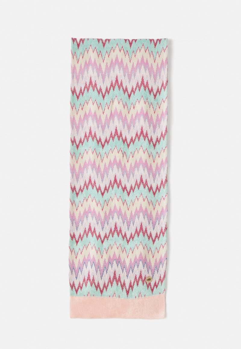 Cachecol retangular em malha com padrão zigzag em rosa claro, verde menta, lavanda e creme, apresentando uma borda sólida rosa e uma pequena etiqueta de logotipo redonda.