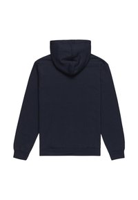  marineblauwe hoodie met een kangoeroezak, ribgebreide manchetten, zachte katoenmengsel stof en een capuchon met trekkoord. Achteraanzicht weergegeven.