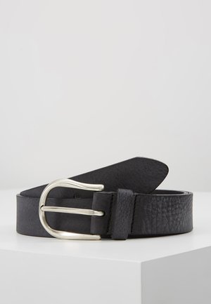 Black leather belt with a textured finish, featuring a silver metal buckle and a keeper loop, displayed on a white surface.