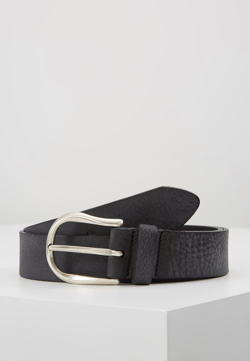 Black leather belt with a textured finish, featuring a silver metal buckle and a keeper loop, displayed on a white surface.