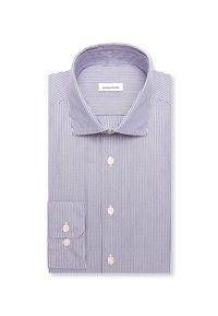 Chemise habillée à manches longues pliée avec de fines rayures verticales bleues et blanches, devant et poignets boutonnés, et col italien.