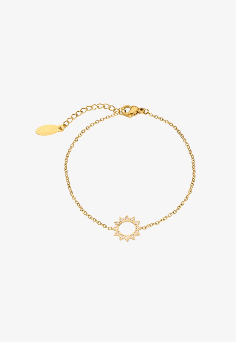 Bratara delicată din aur cu un pandantiv în formă de soare, decorat cu mici pietre prețioase transparente și un închizător în stil homar, dotată cu o lanț ajustabil.