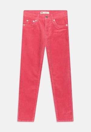 Red corduroy pants with a straight cut, featuring five pockets, metal hardware, and ribbed texture throughout.