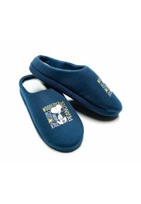 Pantofole blu navy realizzate in morbido tessuto con interno in pile, con una grafica di Snoopy e il testo "Woodstock's Peanuts" su un lato.