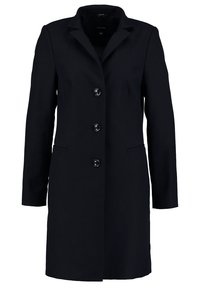 Granatowy płaszcz o dopasowanym kroju, z wykładanym kołnierzem, długimi rękawami i czterema czarnymi guzikami z przodu. Gładka tekstura, bez wzorów.