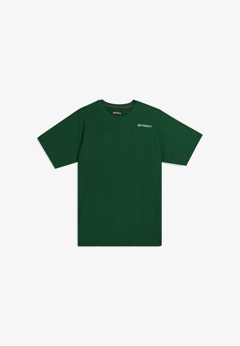 T-shirt vert à manches courtes en coton, avec un col rond, une coupe droite, et un logo de marque subtil sur la poitrine.