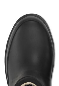 Schwarzer Gummistiefel mit glatter Oberfläche, runder Zehenpartie und einem gefütterten Strickstoffrand für Komfort und Wärme.