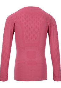 Langærmet atletisk skjorte i pink, med teksturerede mønstre, rund halsudskæring og tætsiddende design. Materialet virker strækbart og glat.