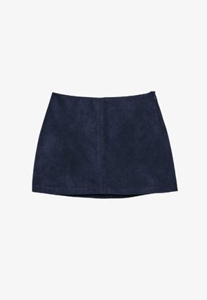 Mørkeblå ruskind mini nederdel med midtersøm og sidelukning med lynlås, lagt fladt på hvid baggrund.