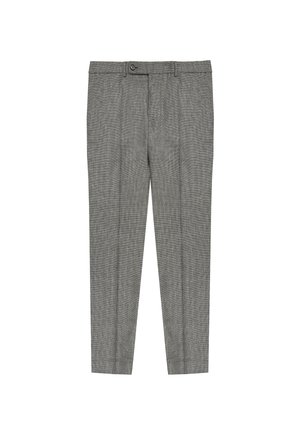 Pantalons à carreaux gris avec devant plat, passants de ceinture et fermeture éclair avec bouton. Coupe slim avec design de jambe fuselée.