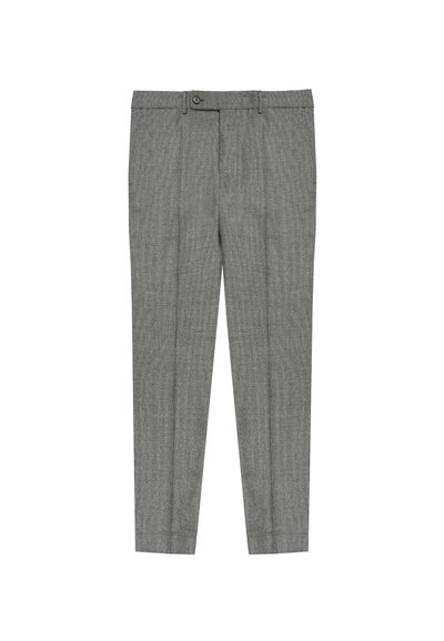 Grijs geruite broek met een platte voorkant, ceintuurlussen en een ritssluiting met knoopsluiting. Slank model met tapered pijpen.