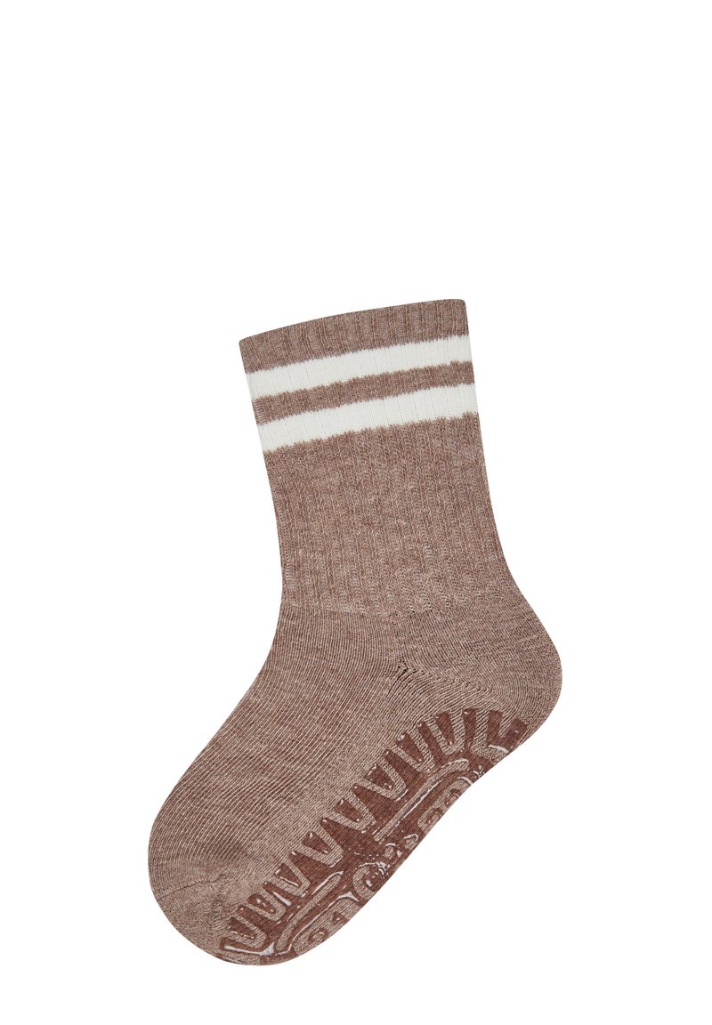 Brown ribbed ankle sock with two white horizontal stripes near the cuff and a textured anti-slip sole pattern.