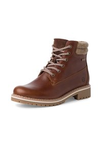 Bottine en cuir brun avec une finition texturée, un poignet en tissu, un design à lacets et une semelle en caoutchouc dotée d'un motif de crampons pour une meilleure adhérence.