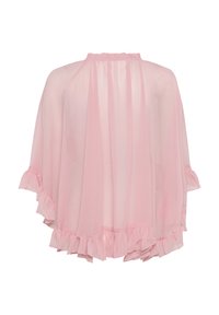 Light pink sheer cape with a ruffled hem and collar. Features soft, flowing fabric and an open design for easy layering.