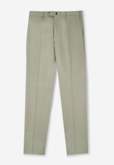 Lichtgroene katoenen broek met een rechte pasvorm, voorzien van twee zijzakken, een verborgen knoopsluiting en geplooide details aan de voorkant.