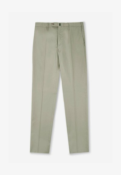 Lichtgroene katoenen broek met een rechte pasvorm, voorzien van twee zijzakken, een verborgen knoopsluiting en geplooide details aan de voorkant.