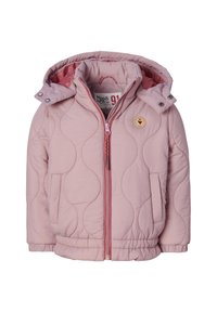 Rosa quiltad jacka med avtagbar huva, dragkedjestängning, sidofickor och en cirkulär logotypapplikation. Har en ribbad nederkant och ärmar.