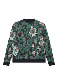 Pull en maille à motif floral avec des nuances de vert, noir et blanc agrémentées de touches de rose. Col et poignets côtelés, tissu texturé.