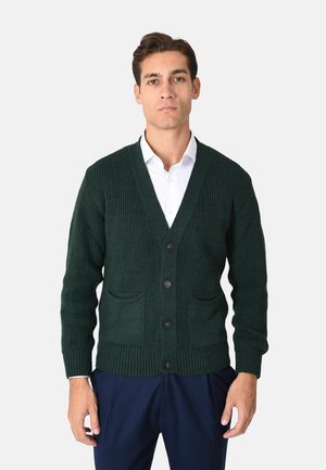 Cardigan verde scuro a coste con scollo a V, sei bottoni e due tasche frontali. Indossato sopra una camicia bianca, presenta una trama lavorata a maglia pronunciata.