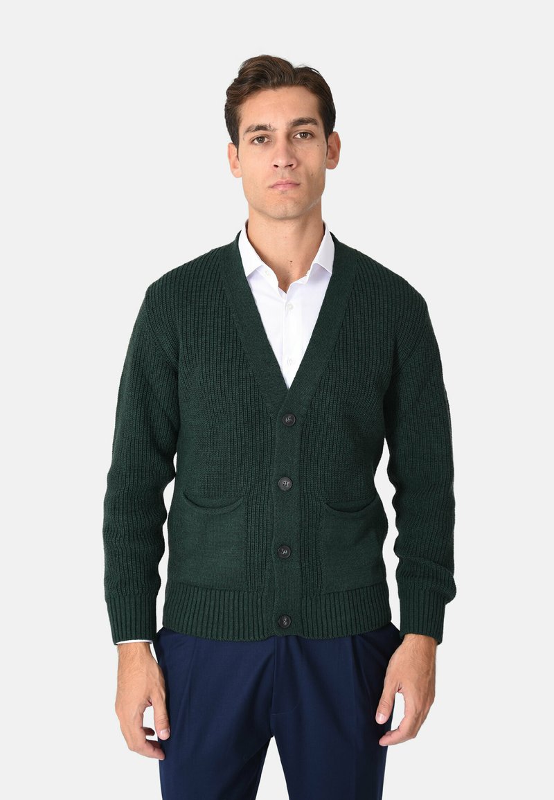 Cardigan verde scuro a coste con scollo a V, sei bottoni e due tasche frontali. Indossato sopra una camicia bianca, presenta una trama lavorata a maglia pronunciata.