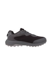 Męskie buty sportowe z czarną i szaro-skalną siateczką na górze, wyściełanym kołnierzem i szarym gumowym podkładem z wielokierunkowymi wypustkami zapewniającymi przyczepność.