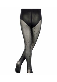 Czarne przezroczyste rajstopy w małe czarne kropki, charakteryzujące się gładką fakturą, wysokim stanem oraz nieprzezroczystą częścią stopy.