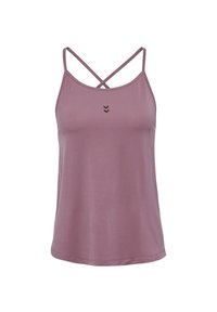 Lila Tanktop aus weichem Material, mit einem Kreuzträgerdesign und einem kleinen, dunklen Logo in der Mitte. Gerader Saum.