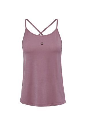 Paarse tanktop van zacht materiaal, met een crisscross bandontwerp en een klein, donker logo in het midden. Rechte zoom.