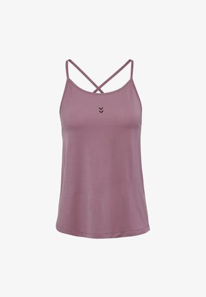 Paarse tanktop van zacht materiaal, met een crisscross bandontwerp en een klein, donker logo in het midden. Rechte zoom.