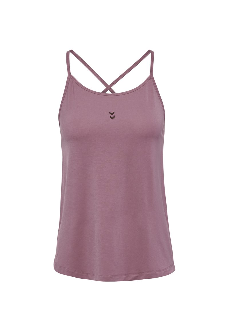 Lila Tanktop aus weichem Material, mit einem Kreuzträgerdesign und einem kleinen, dunklen Logo in der Mitte. Gerader Saum.