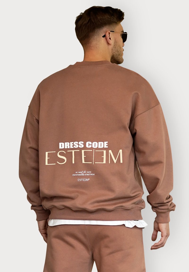 Brown sweatshirt with ribbed cuffs and hem, featuring "DRESS CODE" and "ESTEEM" prints in white and beige on the back. Soft fabric texture.